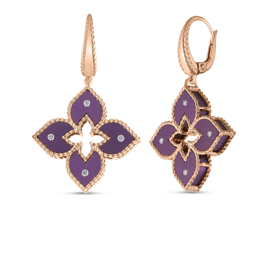 18K Rose Gold Venetian Princess Small Purple Titanium and Diamond Flower Dangle Earrings