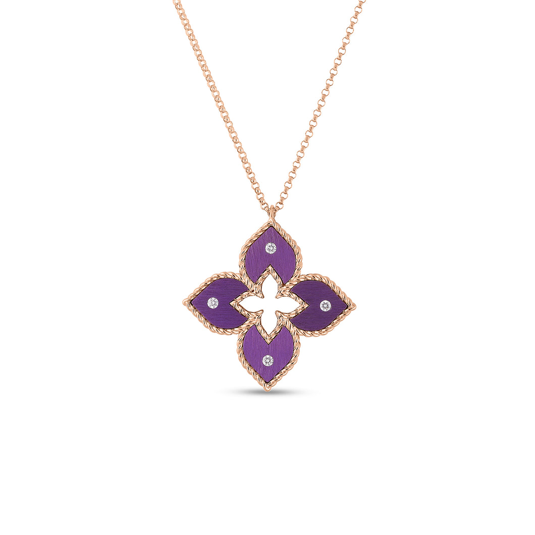 18K Rose Gold Venetian Princess Small Purple Titanium and Diamond Flower Necklace