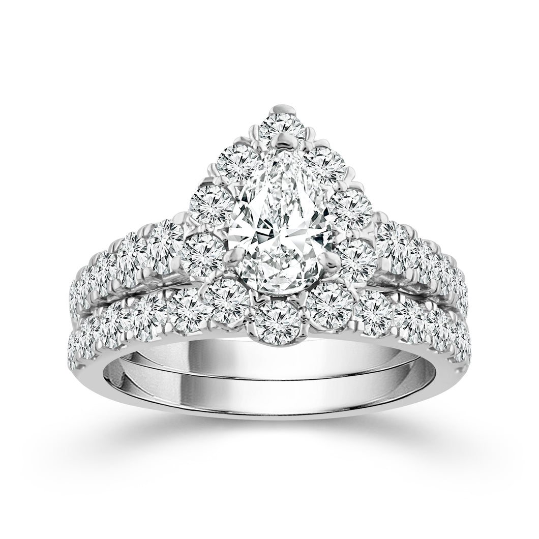 14K White Gold 2.00 CTW Halo Pear Diamond Ring and Band Set