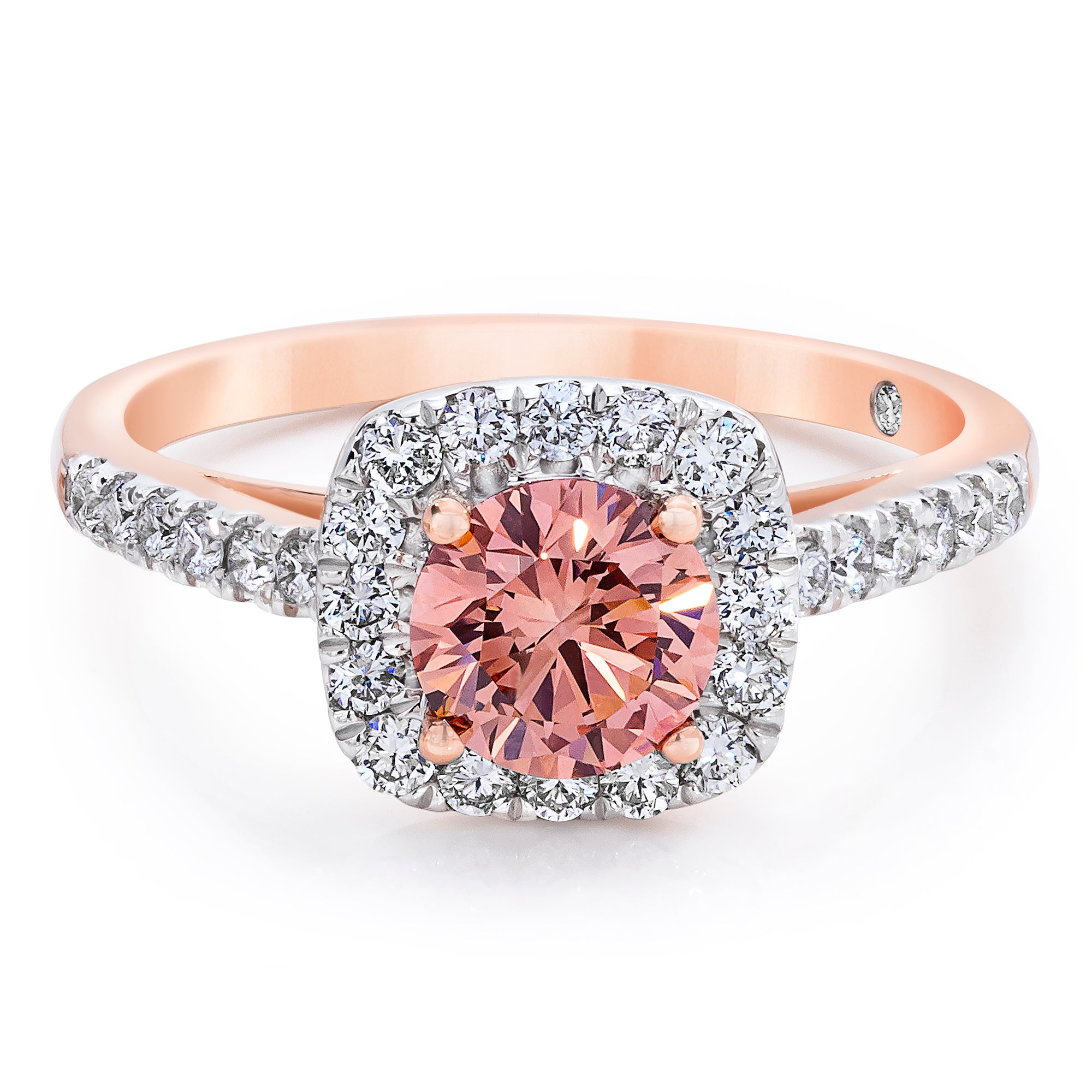 1.50 CTW Pink and White Lab Created Diamond Halo Ring With Pave Band in 14K Rose Gold