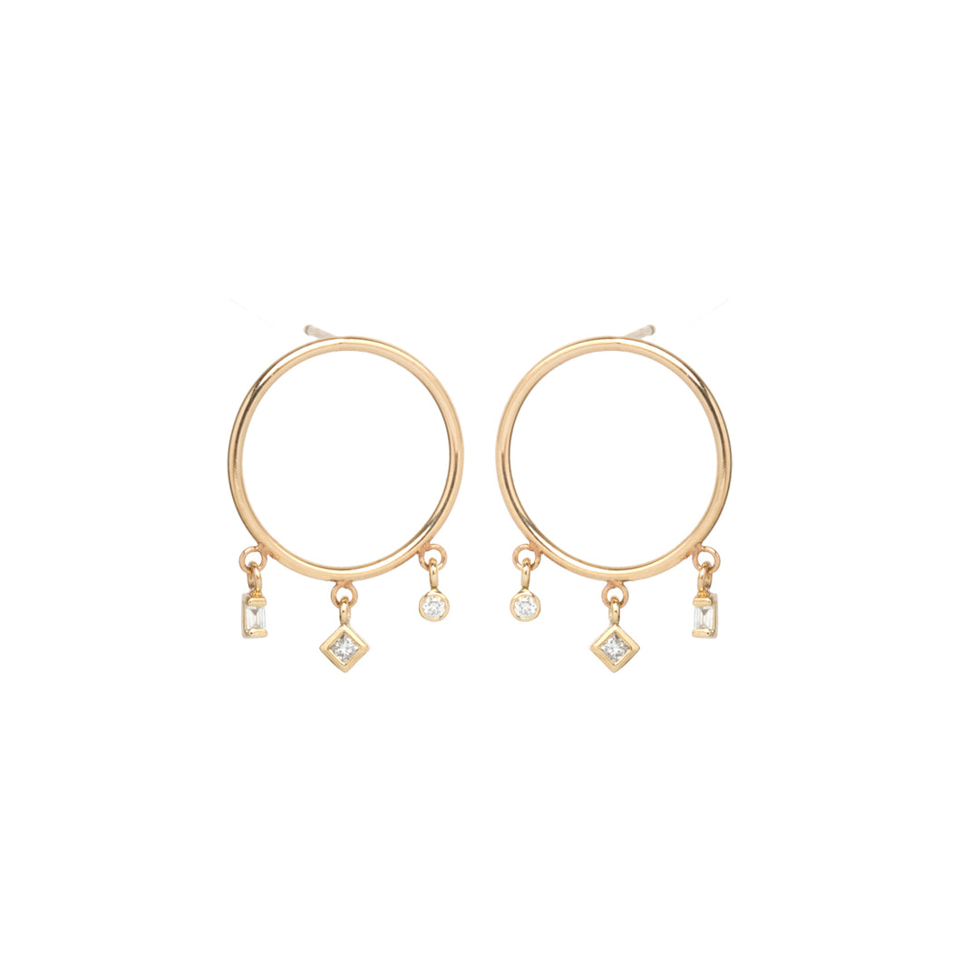 14K SMALL CIRCLE EARRINGS WITH PRINCESS, BAGUETTE AND BEZEL DIAMONDS