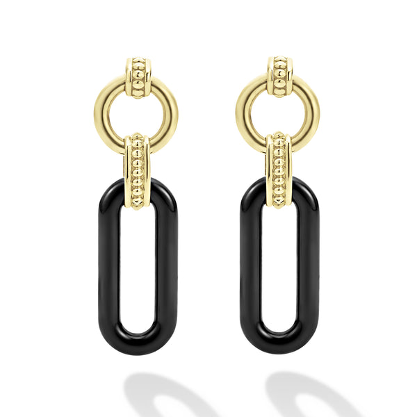 18K Gold and Black Ceramic Link Drop Earrings