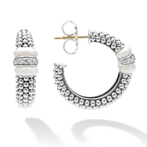 White Caviar Ceramic White Caviar Diamond Hoop Earrings