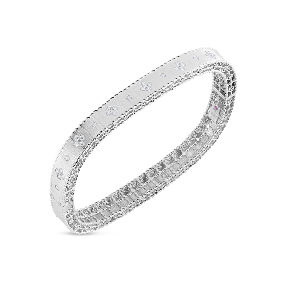 18K White Gold Princess Satin Fleur De Lis Diamond Slim Bangle