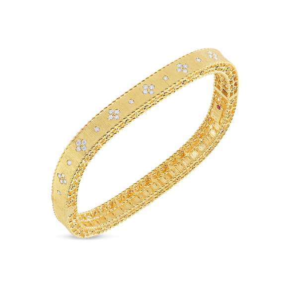 18K Yellow Gold Princess Satin Fleur De Lis Diamond Slim Bangle
