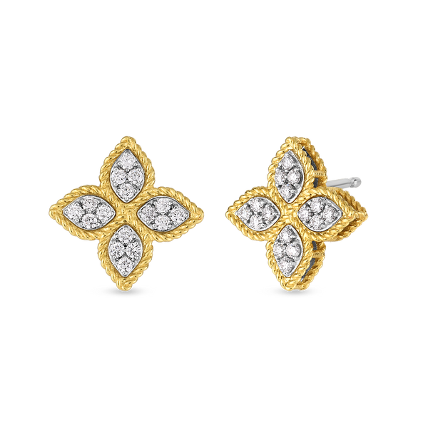 18K Yellow & White Gold Princess Flower Medium Diamond Stud Earrings