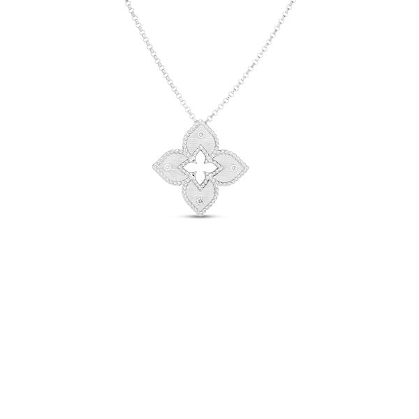 18K White Gold Petite Venetian Princess Satin & Diamond Accent Flower Necklace