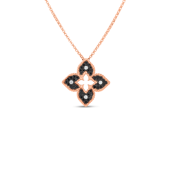 18K Rose Gold Petite Venetian Black & White Diamond Flower Necklace