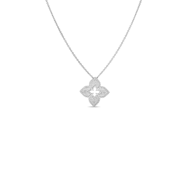18K White Gold Petite Venetian Princess Extra Small Satin & Diamond Accent Flower Necklace