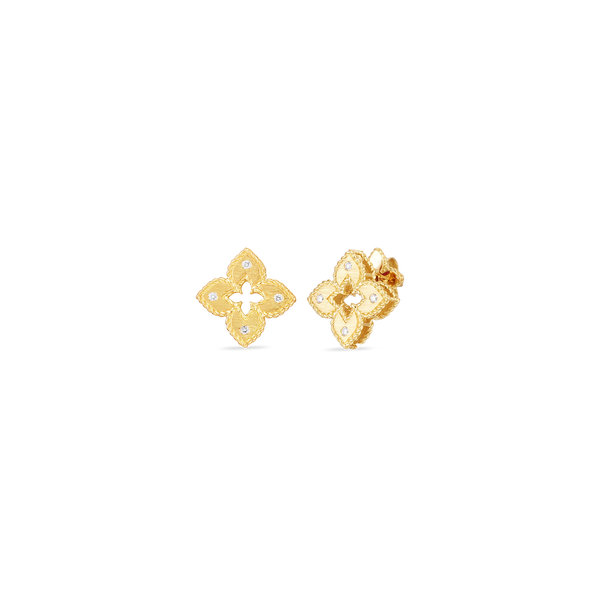 18K Yellow Gold Petite Venetian Princess Extra Small Satin & Diamond Accent Flower Earrings