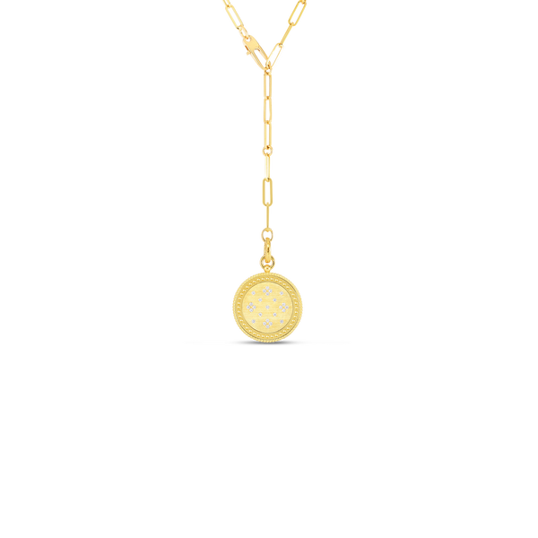 18K Venetian Princess Satin Medallion W. Diamond Accent & Coin Edge Detail On Link Chain