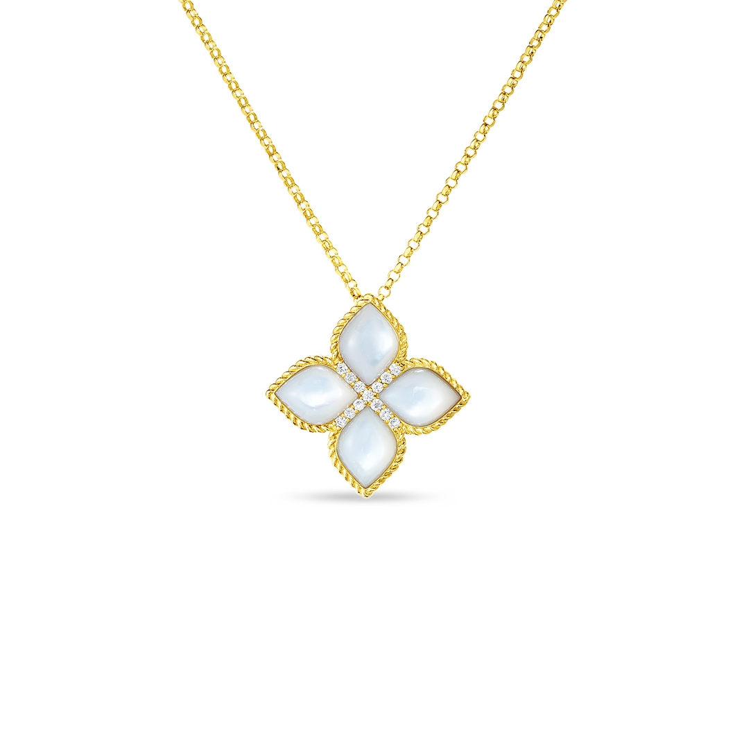 18K yellow Gold Venetian Princess Large Flower Mother-Of-Pearl & Diamond Necklace