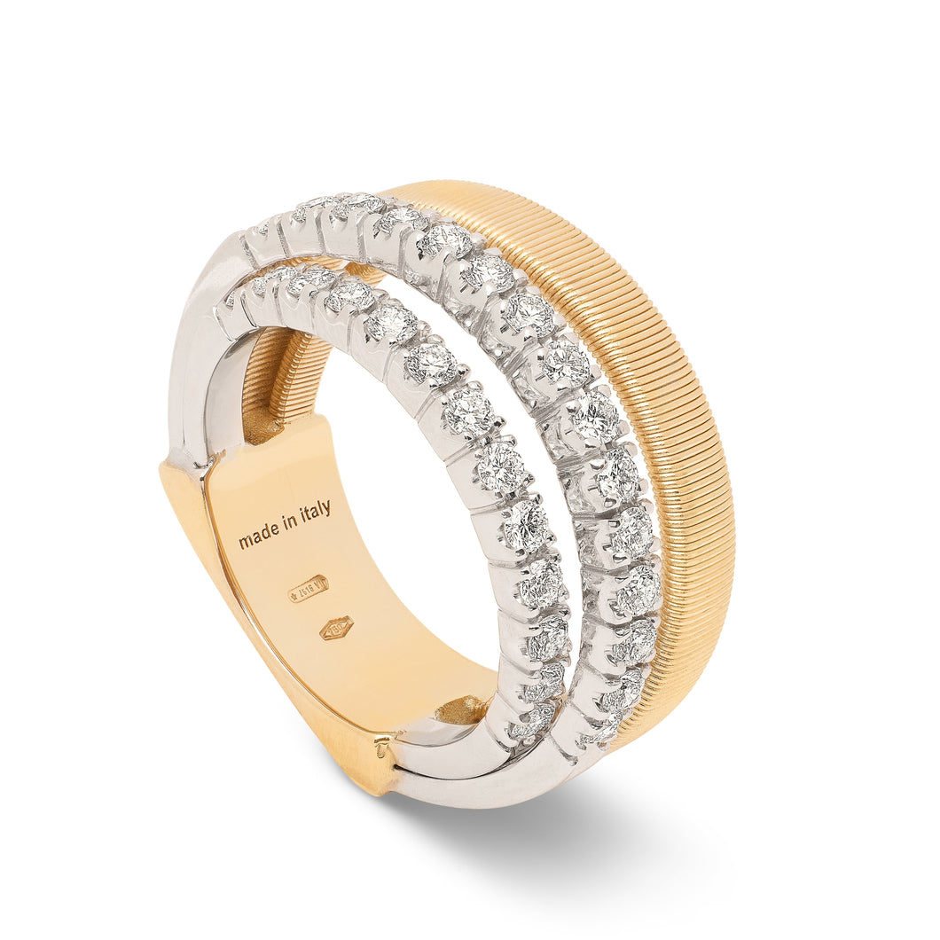 18K Yellow Gold 4-Strand Coil Ring With 2 Diamond Pave Bands