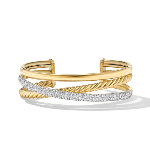 Pave© Crossover Three Row Cuff Bracelet in 18K Yellow Gold with Diamonds, 20mm