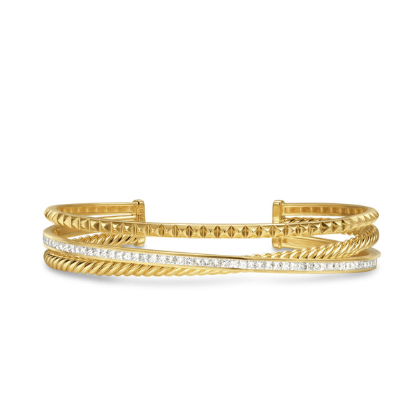 Crossover Trio Three Row Cuff Bracelet in 18K Yellow Gold with Diamonds, 11mm
