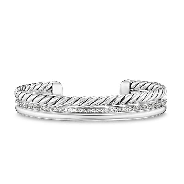 DY Mercer Three Row Cuff Bracelet in Sterling Silver with Diamonds, 10mm