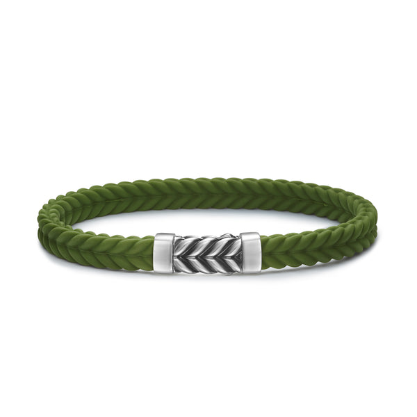 Chevron Bracelet in Green Rubber with Sterling Silver, 6mm
