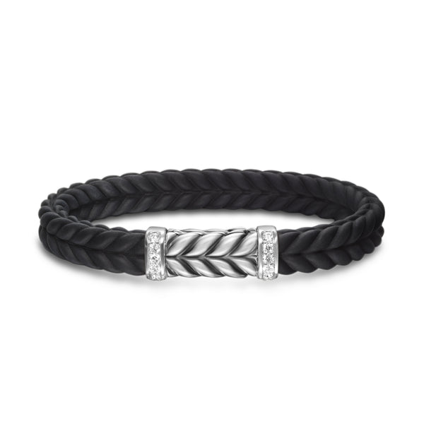 Chevron Bracelet in Black Rubber with Diamonds and Sterling Silver, 9mm