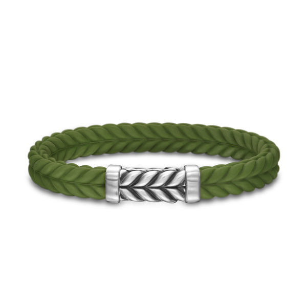 Chevron Bracelet in Green Rubber with Sterling Silver, 9mm