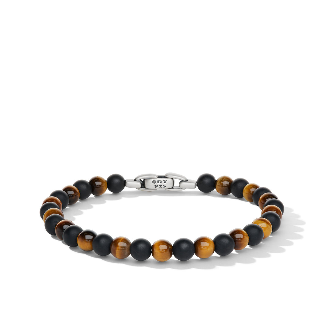 Spiritual Beads Alternating Bracelet in Sterling Silver with Black Onyx and Tigers Eye, 6mm