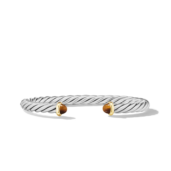 Cable Cuff Bracelet in Sterling Silver with 14K Yellow Gold and Tiger's Eye, 6mm