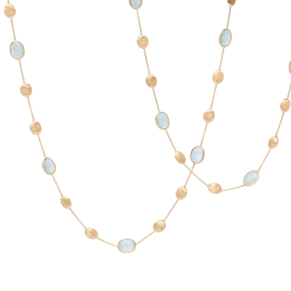 18K Yellow Gold Aquamarine & Gold Long Necklace, Large Bean