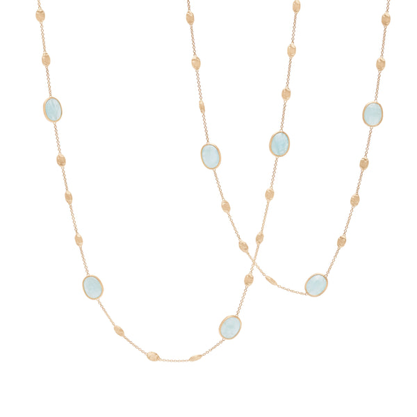 18K Yellow Gold Aquamarine & Gold Long Necklace, Small Bean