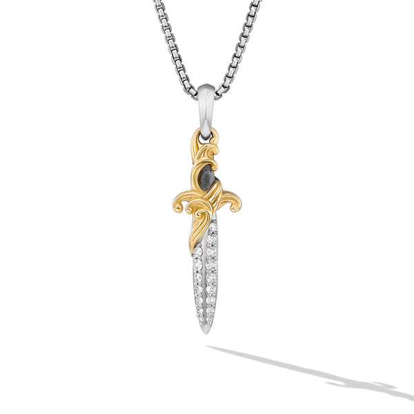Waves Dagger Amulet in Sterling Silver with 18K Yellow Gold with Diamonds, 31mm