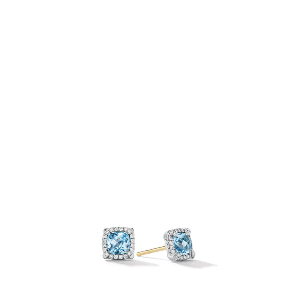 Petite Chatelaine Pave© Bezel Stud Earrings with Blue Topaz and Diamonds