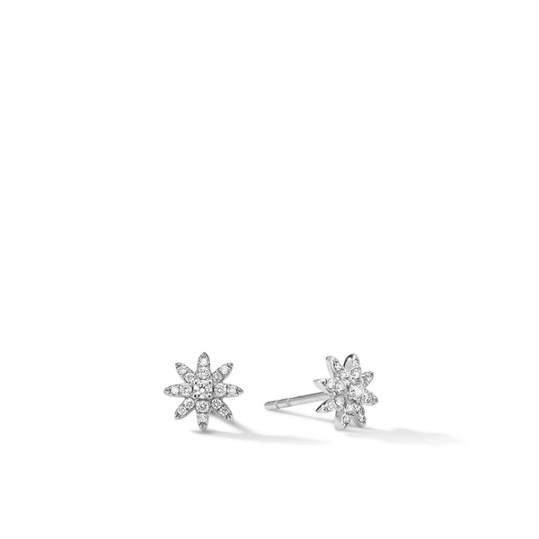 Petite Starburst Stud Earrings in 18K White Gold with Diamonds, 7.5mm