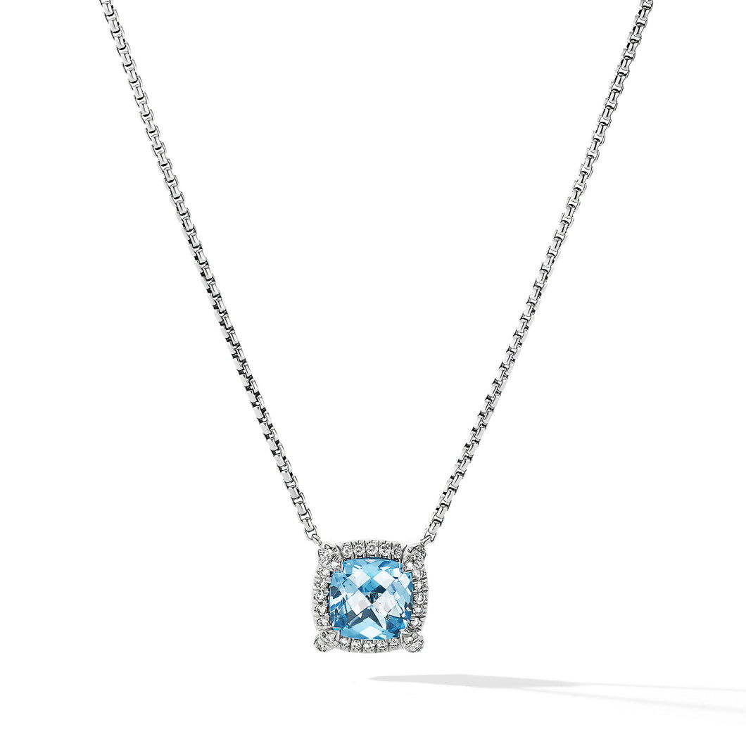 Petite Chatelaine Pavé Bezel Pendant Necklace with Blue Topaz and Diamonds