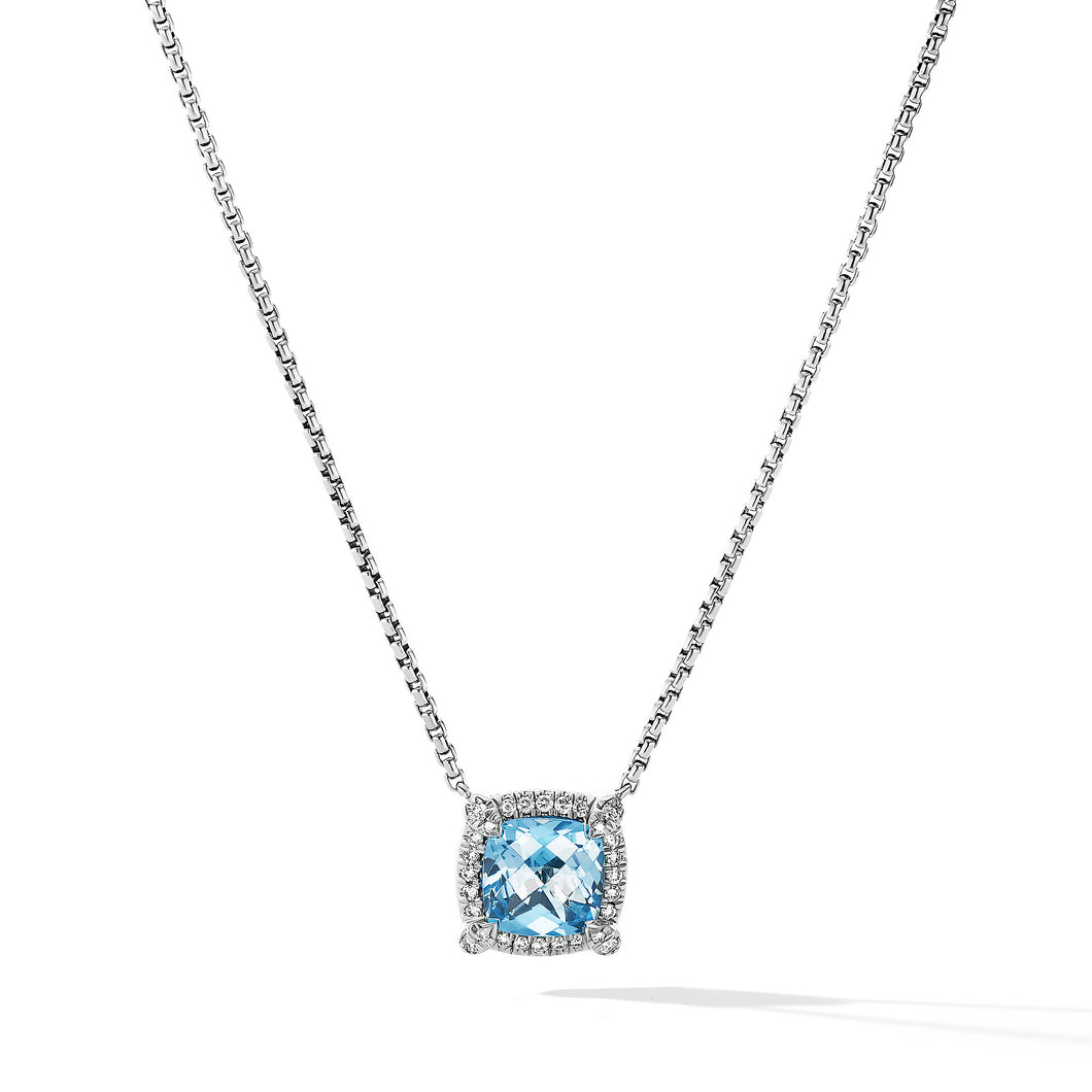 Petite Chatelaine Pave© Bezel Pendant Necklace with Blue Topaz and Diamonds