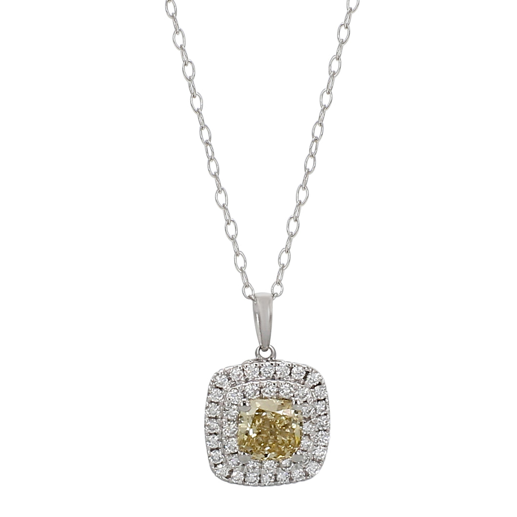 1.75 ctw. Yellow Cushion Cut Lab-Created Diamond Pendant with Double Halo in 14K White Gold