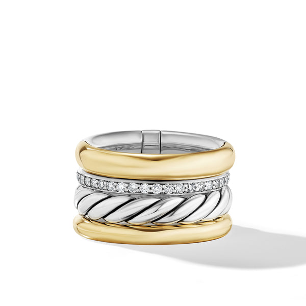DY Mercer Multi Row Ring in Sterling Silver with 18K Yellow Gold and Pave© Diamonds