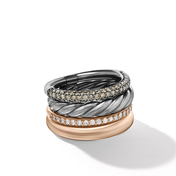 DY Mercer Melange Multi Row Ring in Sterling Silver with 18K Rose Gold and Pave© Diamonds