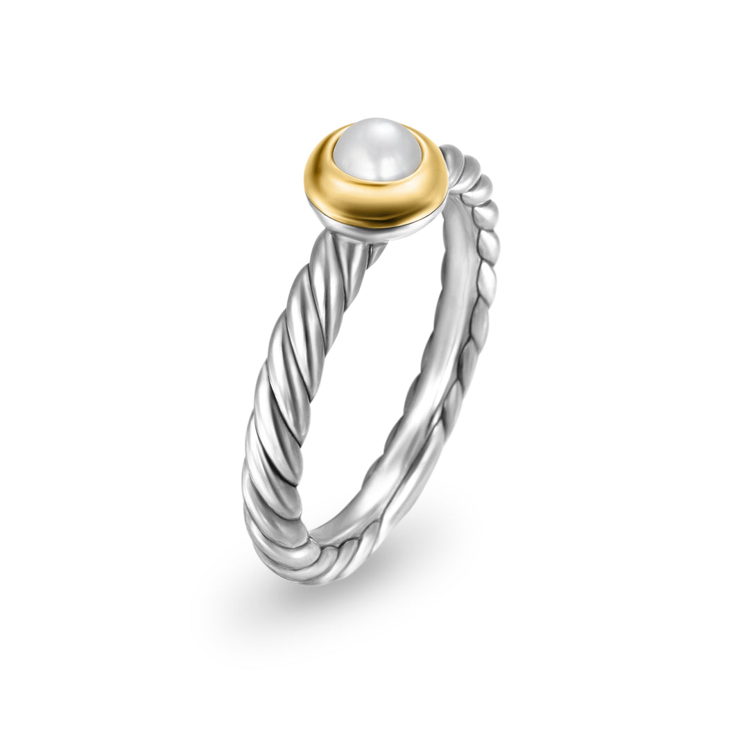 Petite Cable Ring in Sterling Silver with 14K Yellow Gold and Pearl, 2.8mm