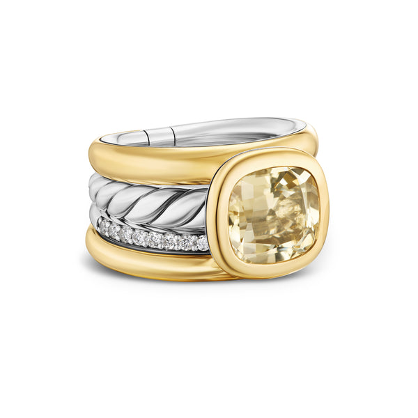 DY Mercer® Four Row Stone Ring in Sterling Silver with 18K Yellow Gold, Champagne Citrine and Diamonds, 14mm