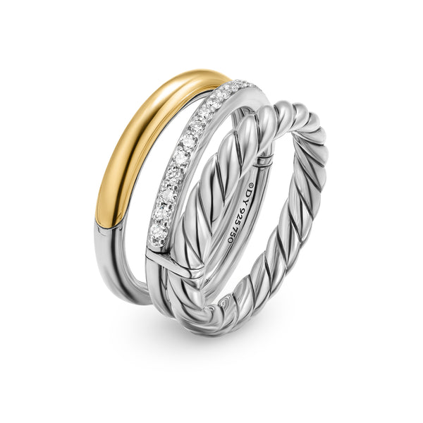 DY Mercer® Three Row Ring in Sterling Silver with 18K Yellow Gold and Diamonds, 8.9mm