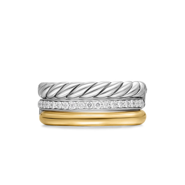 DY Mercer® Three Row Ring in Sterling Silver with 18K Yellow Gold and Diamonds, 8.9mm
