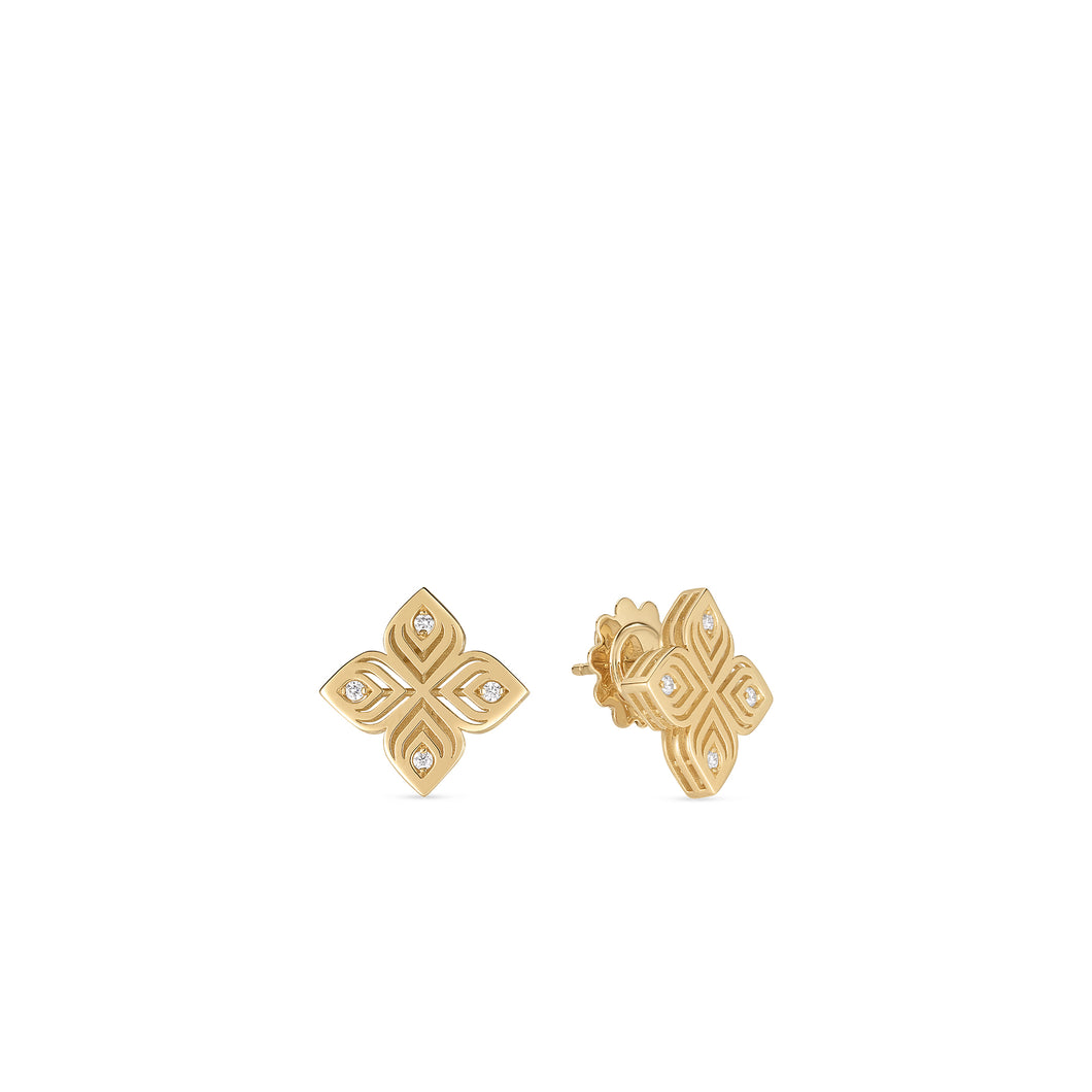 18K Yellow Gold Arabesque Medium Diamond Flower Earrings