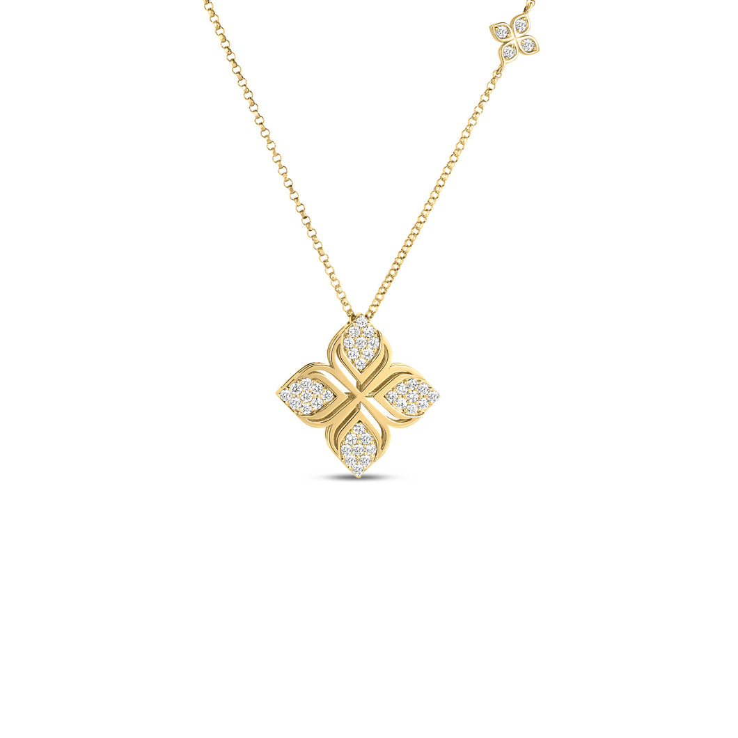 18K Yellow Gold Arabesque Pavé Diamond Flower Necklace