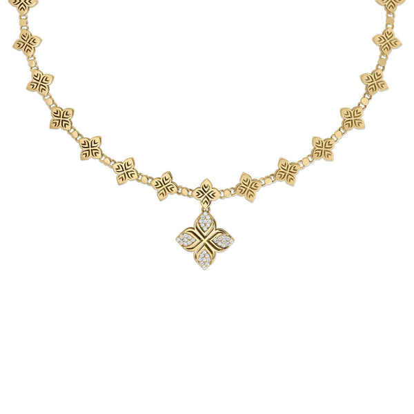 18K Yellow Gold Arabesque Pave Diamond Flower Collar Necklace