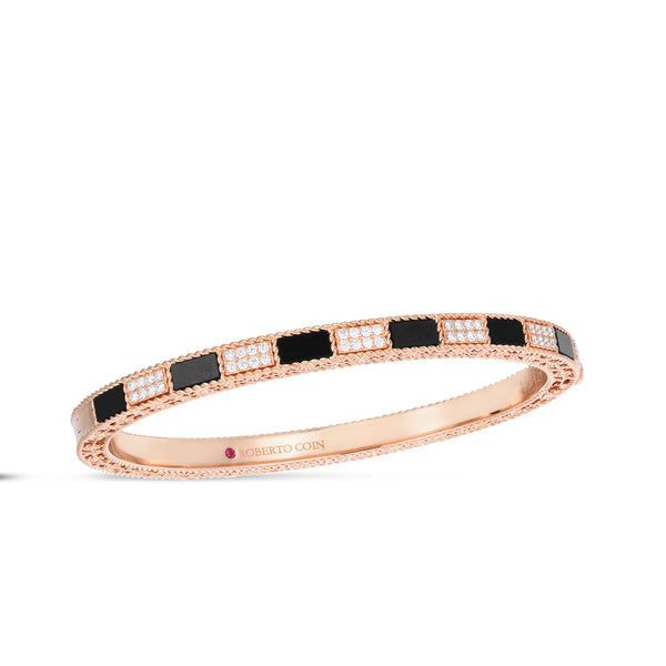 18K Rose Gold Mosaic Alternating Black Jade & Diamond Bangle