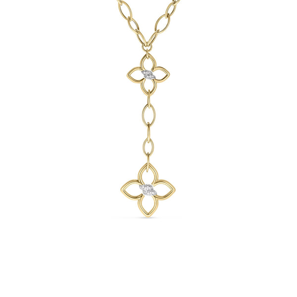 18K Yellow Gold Cialoma Double Diamond Flower Almond Link Dangle Necklace