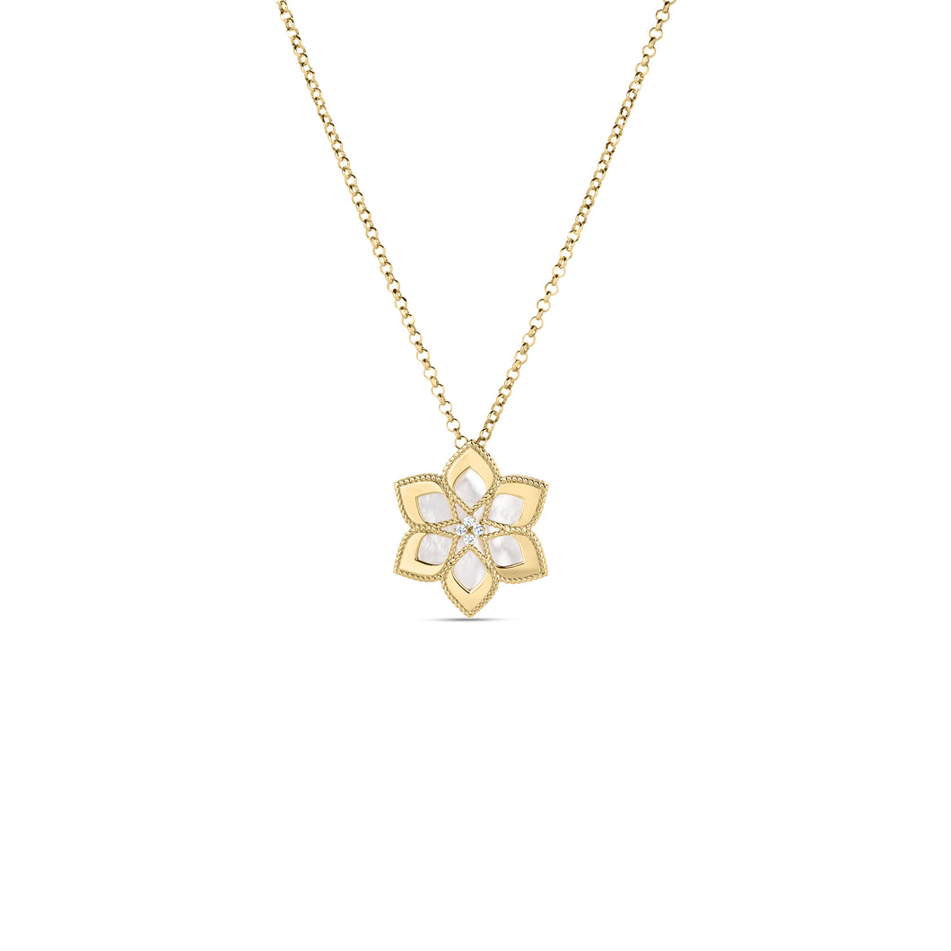 18K Yellow Gold Vernazza Diamond & Mother of Pearl Flower Long Necklace