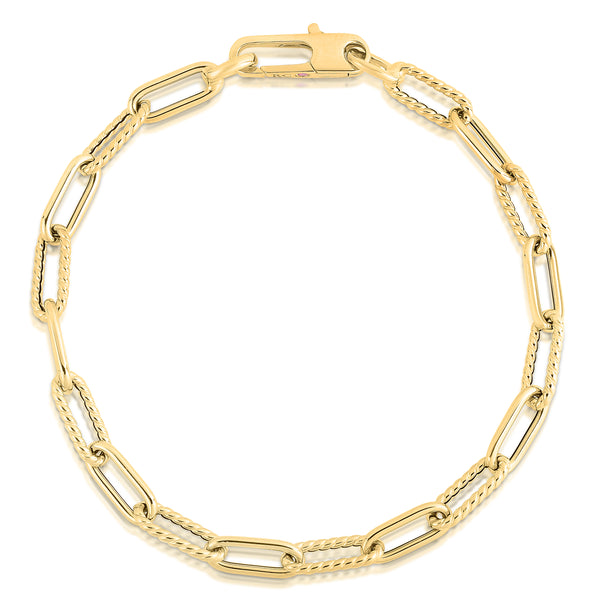 18K Yellow Gold Alternating Polished & Fluted Fine Paperclip Link 8" Chain Bracelet
