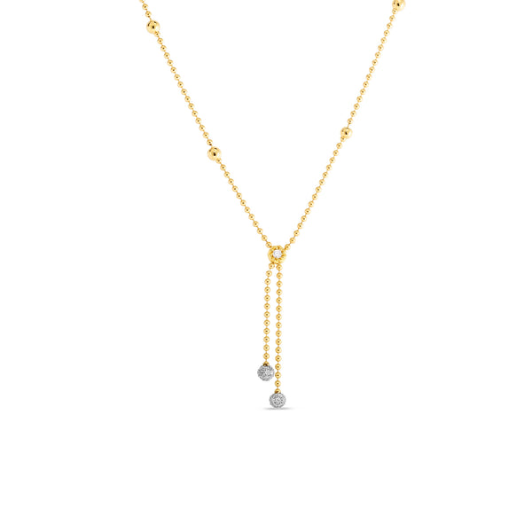 18K Yellow & White Designer Gold Alternating Bead With Double Diamond Drop Necklace