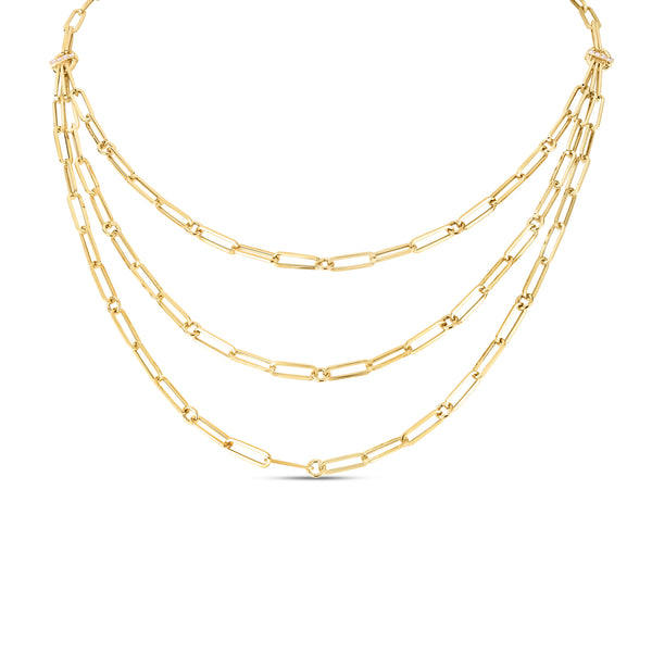18K Yellow Designer Gold Triple Strand Paperclip Chain & Diamond Necklace