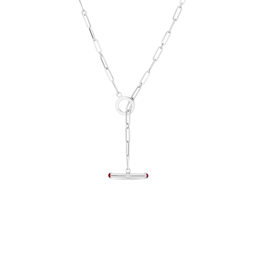 18K White Gold Oro Classic Diamond/Ruby Toggle Clasp Necklace