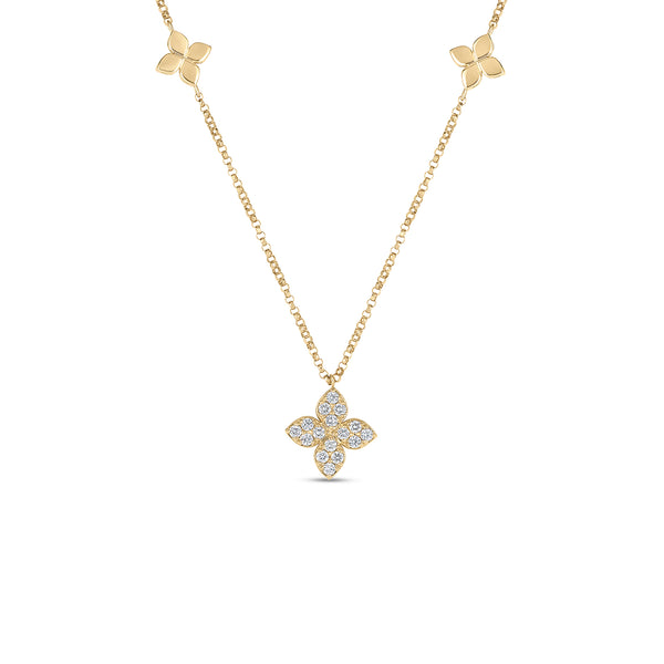 18K Yellow Gold Love By The Inch Diamond & Polished Flower Station Necklace